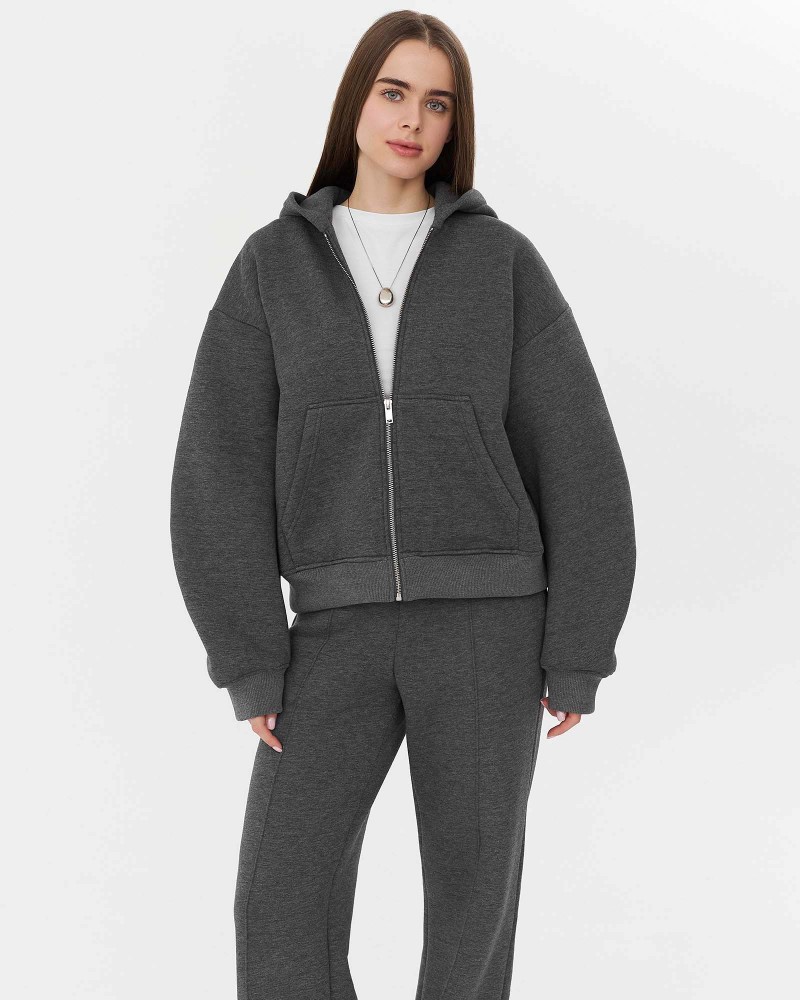 Темно-сіре худі з блискавкою на флісі FASHIONISTA