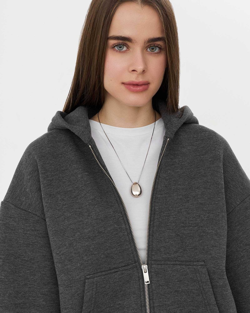 Темно-сіре худі з блискавкою на флісі FASHIONISTA