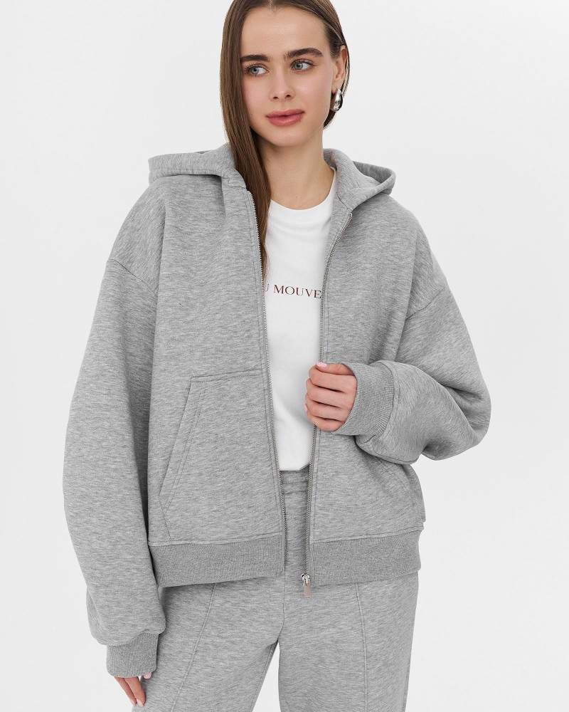 Сіре худі з блискавкою на флісі FASHIONISTA
