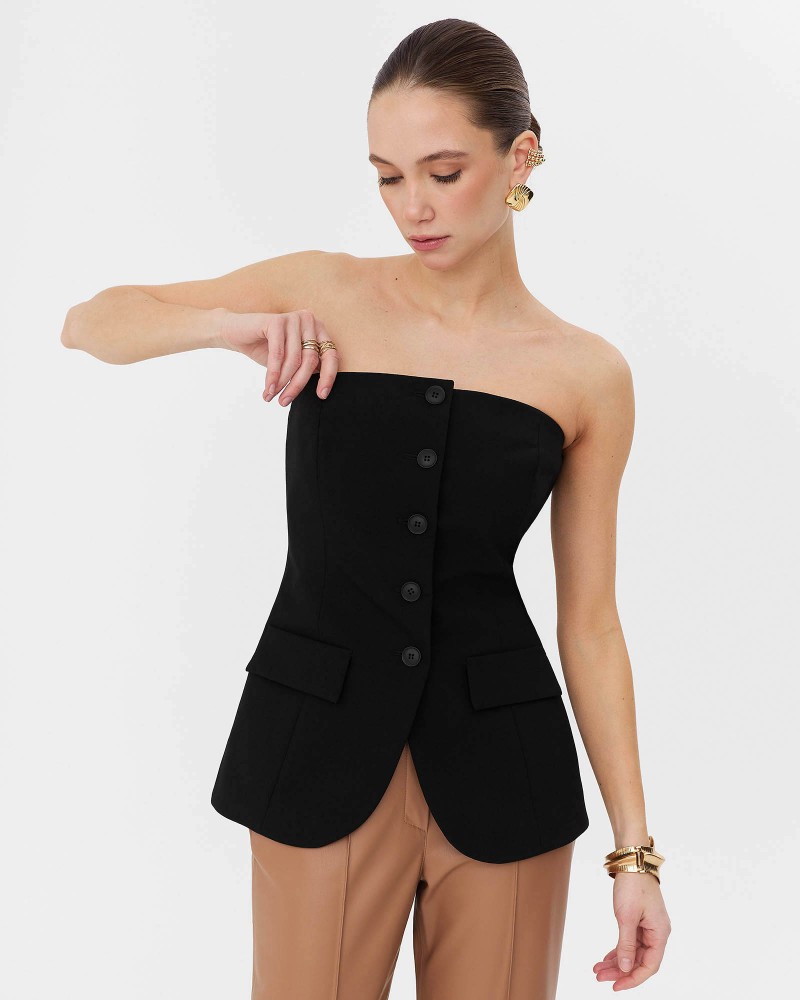 Чорний Allure корсет з ґудзиками та імітацією кишень FASHIONISTA