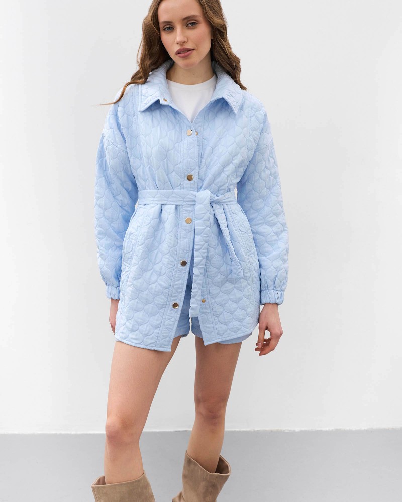 Блакитна стьобана сорочка Bubble з поясом FASHIONISTA