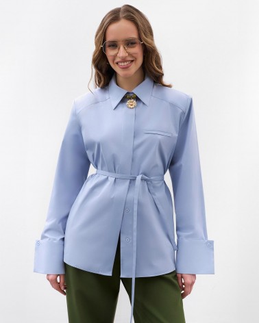 Блакитна сорочка з широкими манжетами та поясом FASHIONISTA