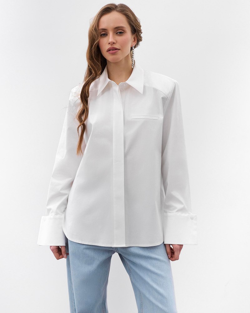 Біла сорочка з широкими манжетами та поясом FASHIONISTA