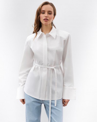 Біла сорочка з широкими манжетами та поясом FASHIONISTA