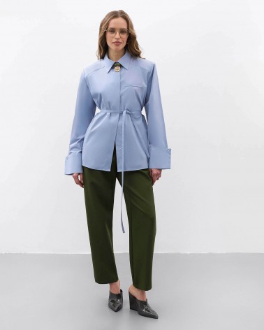 Блакитна сорочка з широкими манжетами та поясом FASHIONISTA