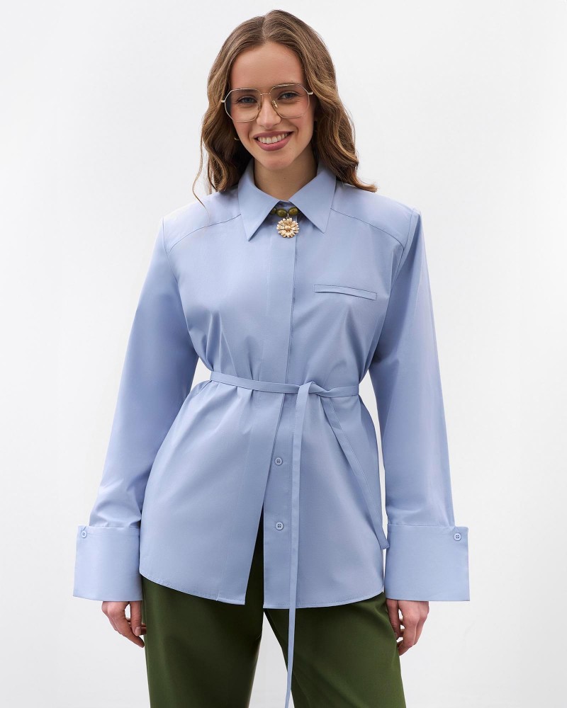 Блакитна сорочка з широкими манжетами та поясом FASHIONISTA
