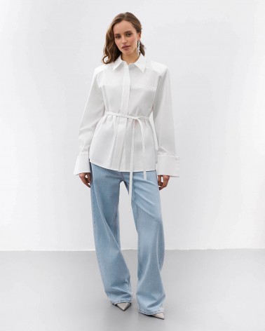 Біла сорочка з широкими манжетами та поясом FASHIONISTA