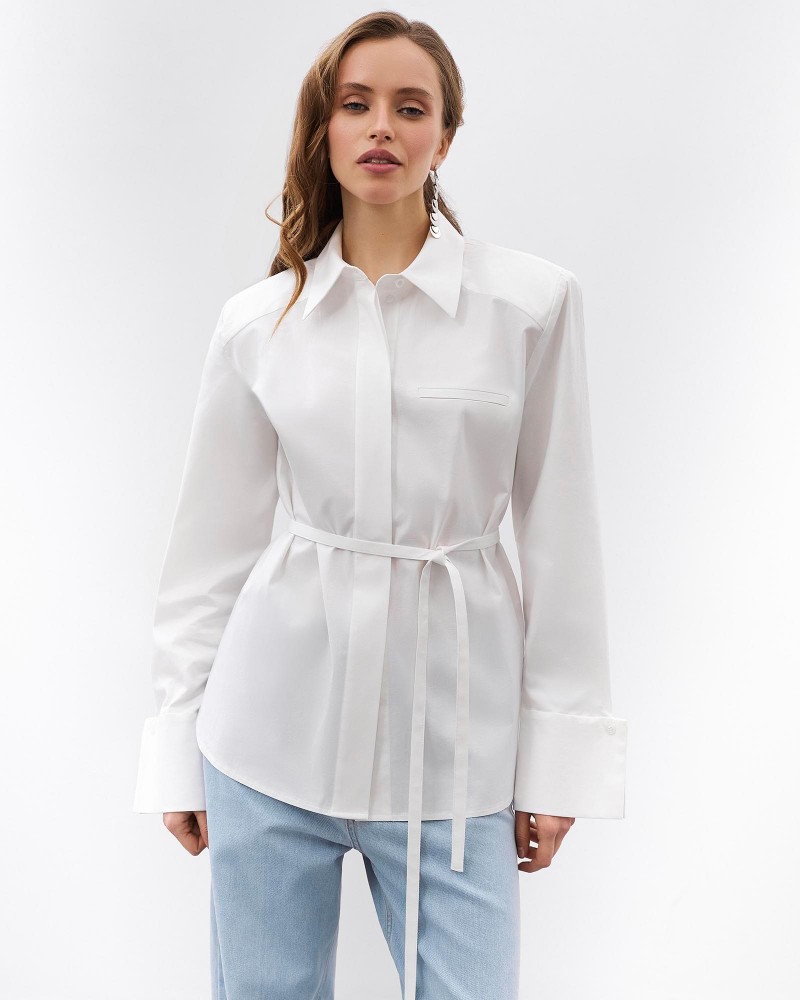 Біла сорочка з широкими манжетами та поясом FASHIONISTA