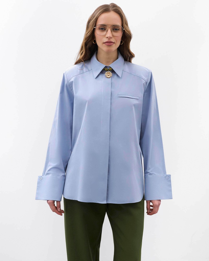 Блакитна сорочка з широкими манжетами та поясом FASHIONISTA