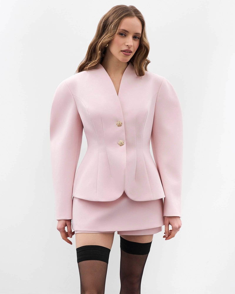 Рожевий жакет з акцентними плечима та відстрочками на талії FASHIONISTA