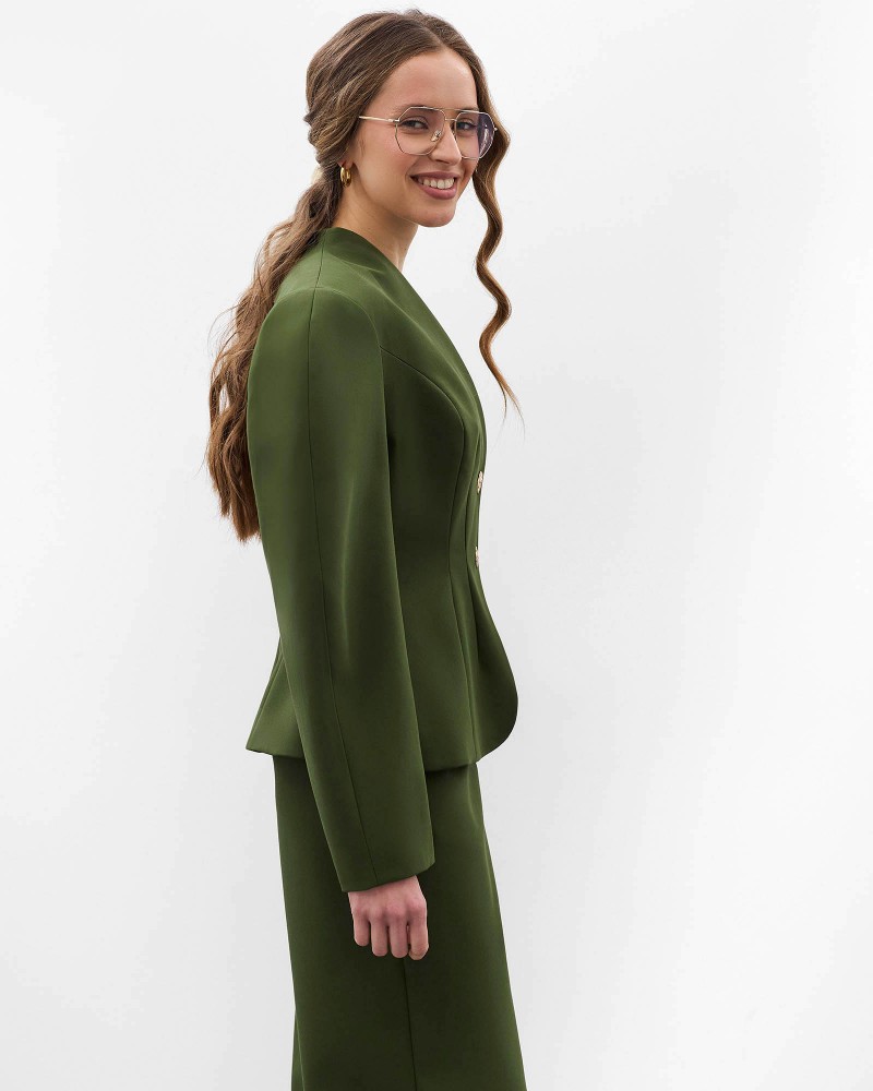 Темно-оливковий жакет з акцентними плечима та відстрочками на талії FASHIONISTA