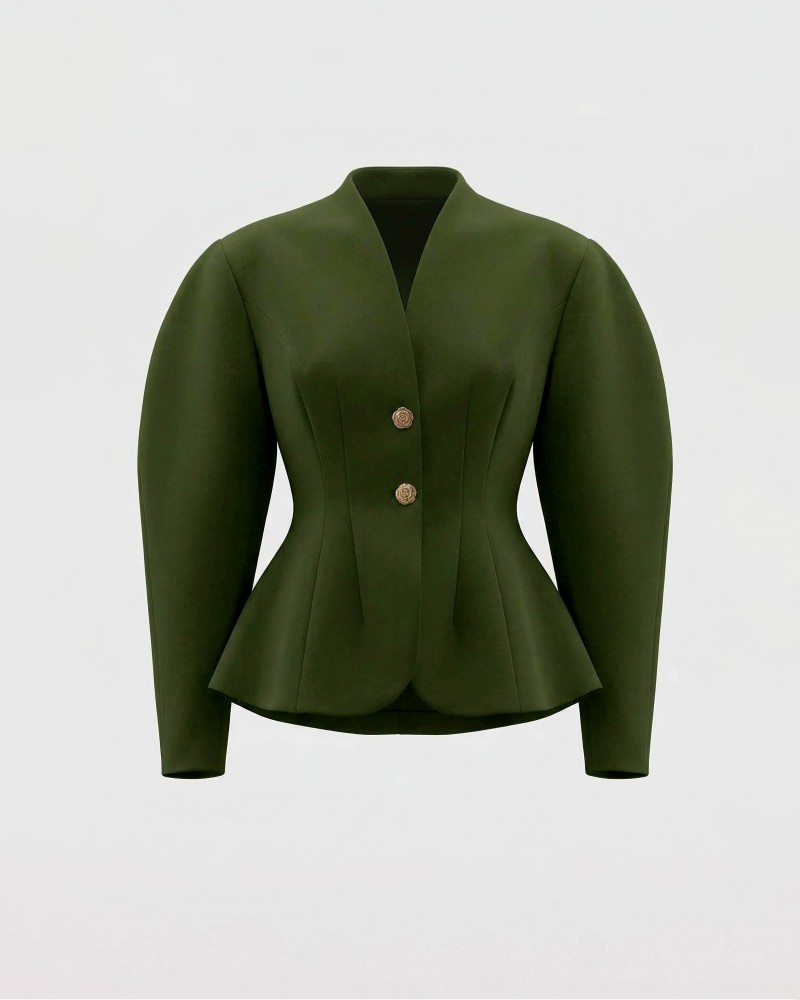Темно-оливковий жакет з акцентними плечима та відстрочками на талії FASHIONISTA