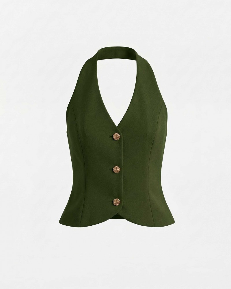 Темно-оливковий жилет приталеного крою з коміром хальтер FASHIONISTA
