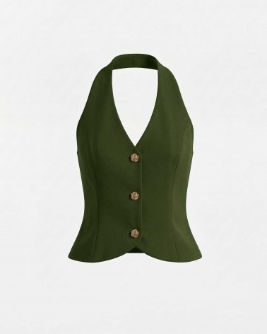 Темно-оливковий жилет приталеного крою з коміром хальтер FASHIONISTA