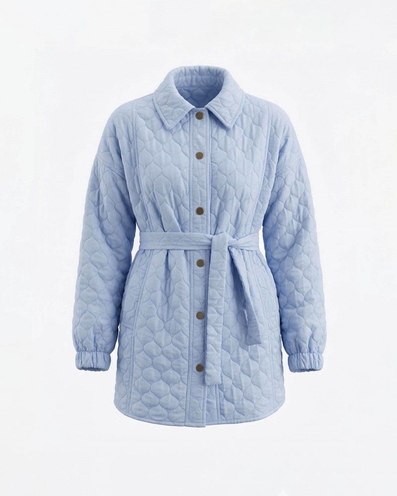 Блакитна стьобана сорочка Bubble з поясом FASHIONISTA