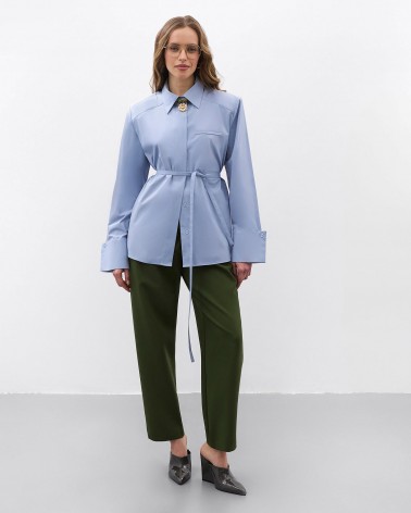 Блакитна сорочка з широкими манжетами та поясом FASHIONISTA
