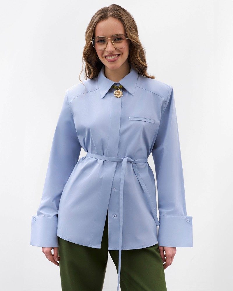 Блакитна сорочка з широкими манжетами та поясом FASHIONISTA