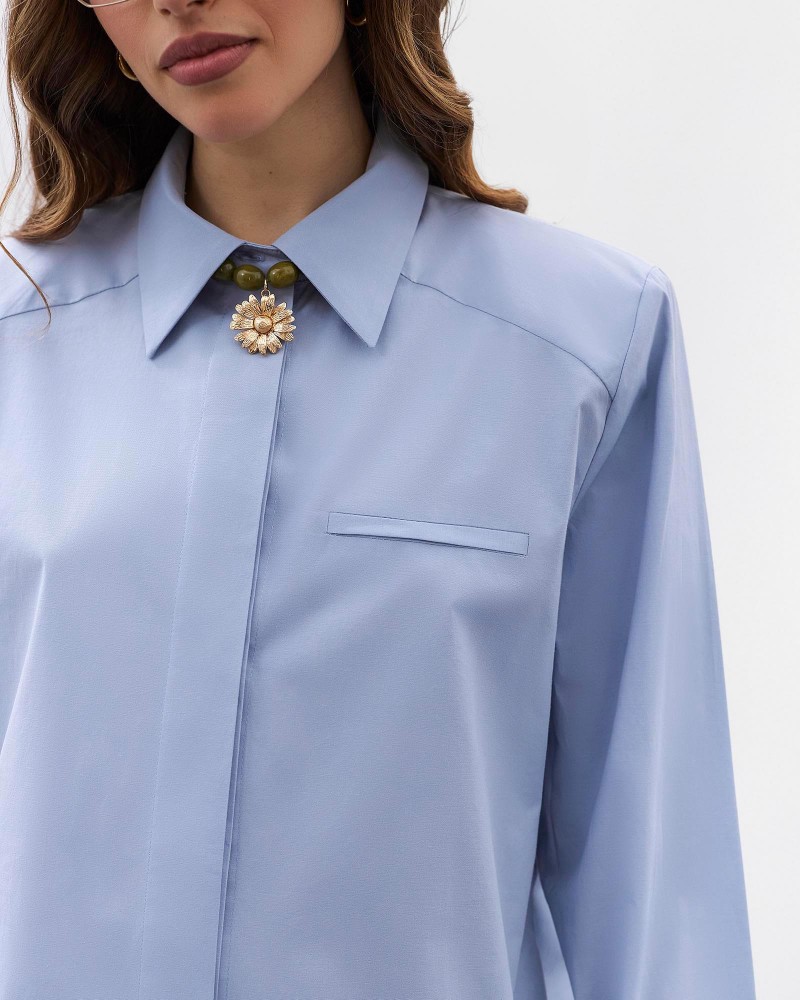 Блакитна сорочка з широкими манжетами та поясом FASHIONISTA