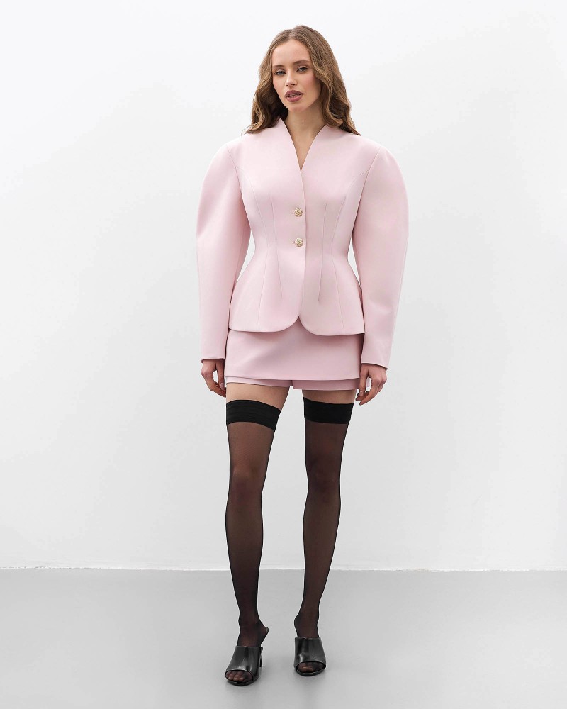 Рожевий жакет з акцентними плечима та відстрочками на талії FASHIONISTA Рожевий жакет з акцентними плечима та відстрочками на талії FASHIONISTA
