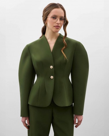 Темно-оливковий жакет з акцентними плечима та відстрочками на талії FASHIONISTA