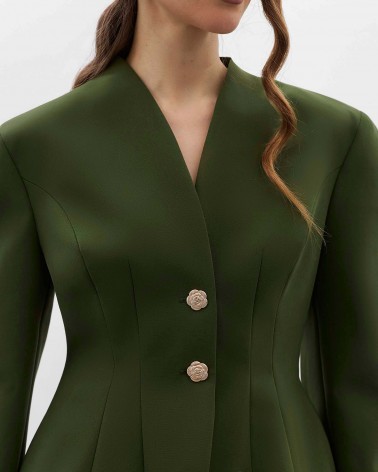 Темно-оливковий жакет з акцентними плечима та відстрочками на талії FASHIONISTA