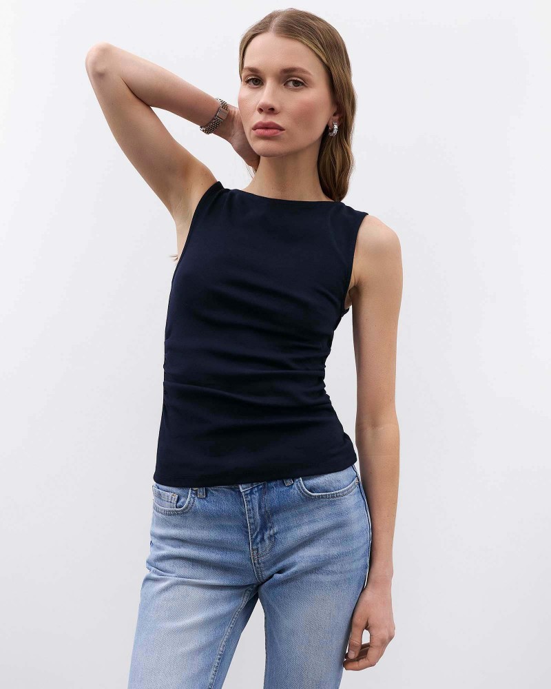 Темно-синя майка з драпіруванням FASHIONISTA