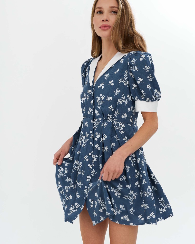 Синя сукня-сорочка з монохромним рослинним принтом FASHIONISTA