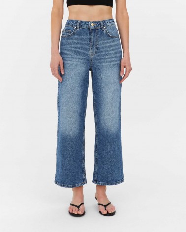 Сині джинси Straight з вивареним ефектом вкорочені FASHIONISTA