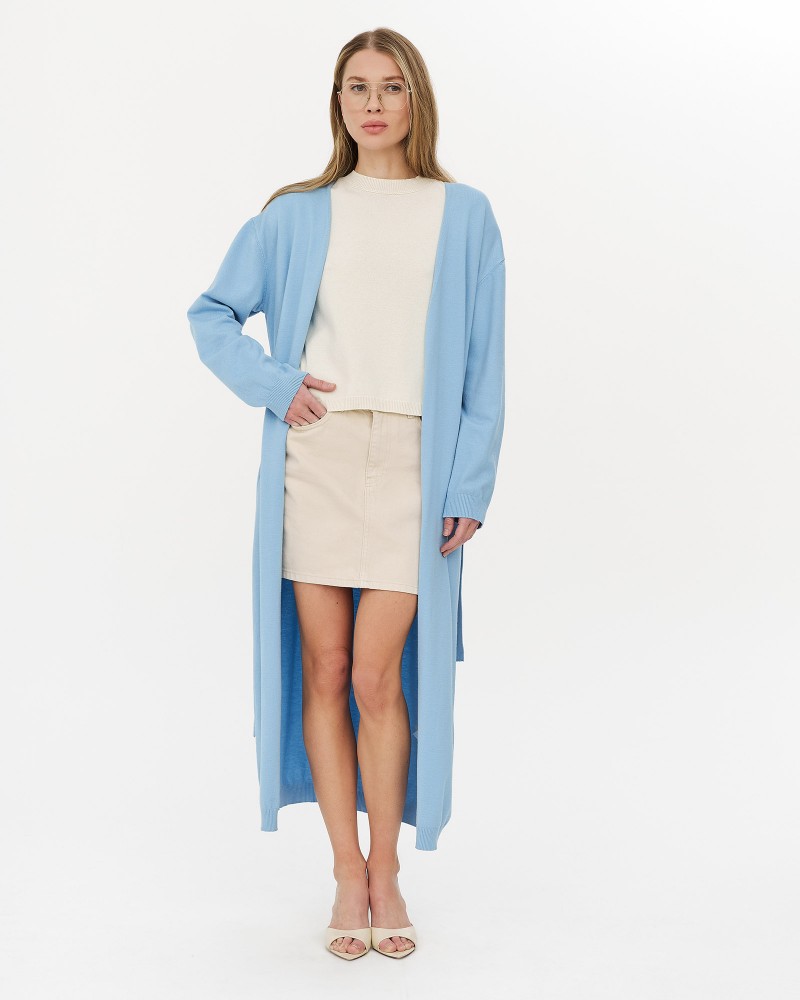 Блакитний трикотажний кардиган довжини максі з поясом FASHIONISTA