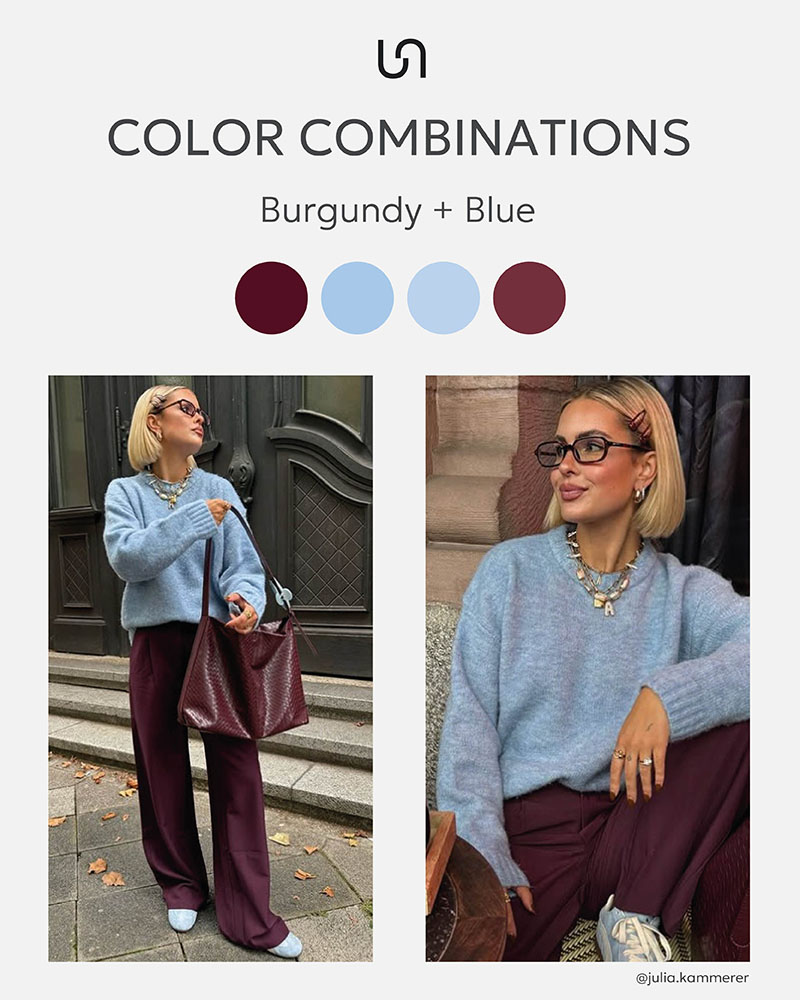 Color combinations by FASHIONISTA_Burgundy + Blue
