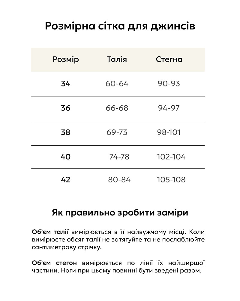 Розмірна сітка для джинсів